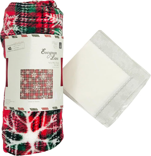 Cozy Christmas Holiday Plaid Throw Blanket with Snowflakes: Soft Accent for Sofa Couch Chair Bed or Dorm, Red Green
