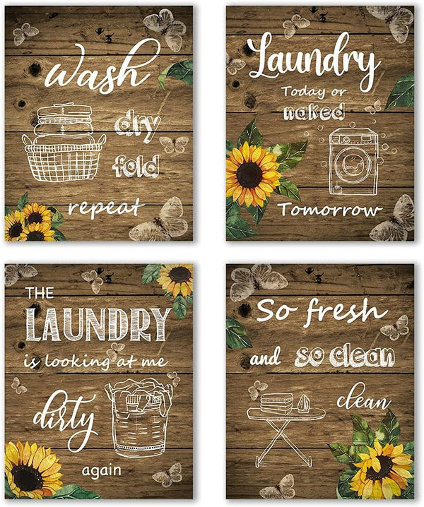 Sunflower Laundry Room Wall Decor Sign, 4Pcs Rustic Vintage Butterfly Art Prints for Home Wall Decor