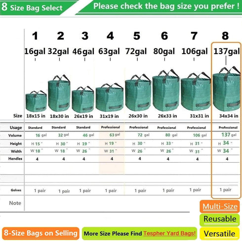 2-Pack 137 (D34,H34 inch) 4 Professional Gallon Lawn Garden Bags Large Yard Waste Bags with Gardening Gloves, Big Leaf
