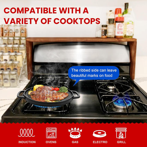 GGC Cast Iron Reversible Griddle, 12 Inch Griddle Pan for Stove Tops, Double-sided Baking Flat and Ribbed