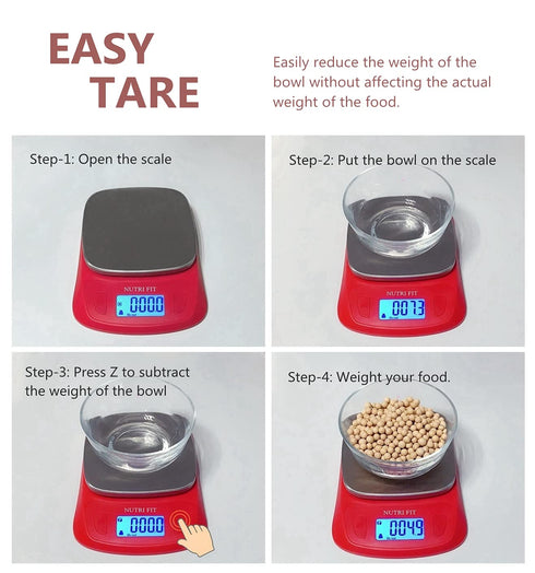 NUTRI FIT Ultra Slim Digital Kitchen Food Scale in Red/Stainless Steel, 1g Increment Measure for Coffee Making