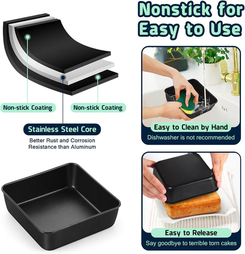 P&P CHEF 6” Square Cake Pans for Baking, 2-Piece Small Lasagna Brownie Pan, Non-stick Coatings