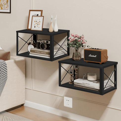 2 Homode Floating Nightstand, Tier Wall Mounted Nightstand with Cable Hole, Wooden Floating Bedside Table, Bedside Wall