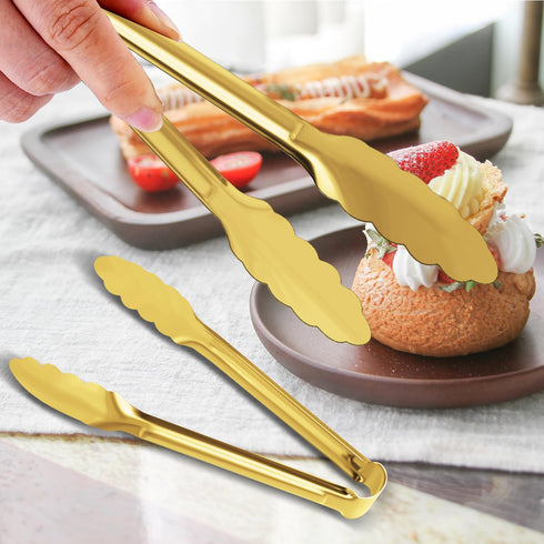 4 Pack Gold Serving Tongs XEVOM Gold Buffet Tongs Serving Utensils Salad Tongs Stainless Steel Gold Plated Buffet Serving Tongs,9 Inch