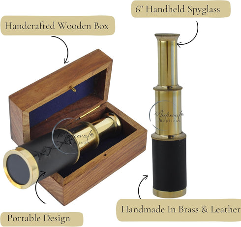 6-Inch Brass Telescope with Wooden Case - Perfect for Pirate Adventures