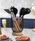 Utensil Holder for Kitchen Counter, Large Rotating Utensils Caddy for Farmhouse Cooking, Spatula Holder (Metal + Bamboo)
