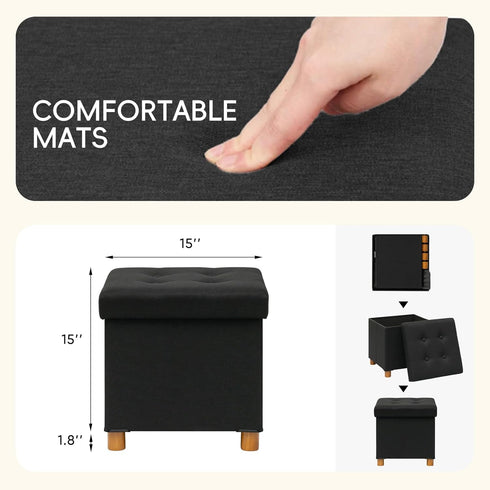 15" 15" 15"Black PINPLUS Storage Ottoman Cube, White Linen Footrest with Wooden Legs, Foldable Fabric Footrest