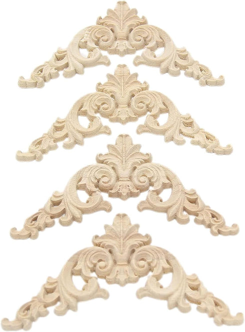 Wood Carved Applique, 4 Pack Decorative Wood Trim, 3.15x3.15inch Unpainted Appliques for Furniture Decor Decal