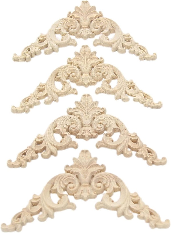 Wood Carved Applique, 4 Pack Decorative Wood Trim, 3.15x3.15inch Unpainted Appliques for Furniture Decor Decal