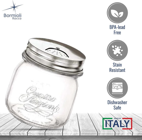Bormioli Rocco Quattro Stagioni Set Of 2 Mason Jars, Salt and Spice Shaker with Adjustable Pour Holes, 11 Oz