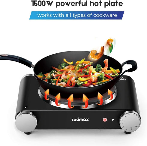 Cusimax Electric Hot Plate Burner, Single Burner Cast Iron Portable 1500W with Adjustable Temperature Control