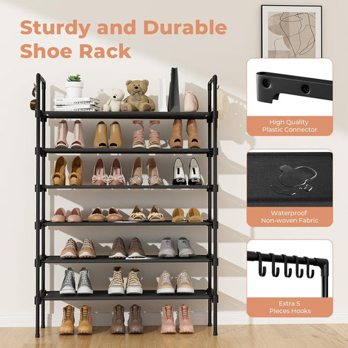 6 Closet 5 LANTEFUL Tier Shoe Rack for Shoe Organizer with Hooks, Long Shoe Shelf Storage for Shoe and Boot Stackable