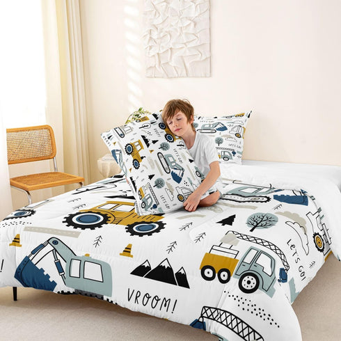 Set Set Set Set 3Pcs Feelyou Cartoon Car Kids Comforter Construction Bedding for Boys Toddler Decor Equipment Trucks