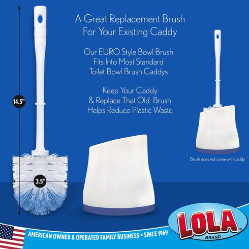 2 Pack, LOLA Classic Toilet Brush, Durable Fiber Stiff Bristles, Compact Size, Non-Scratch, Long-Lasting