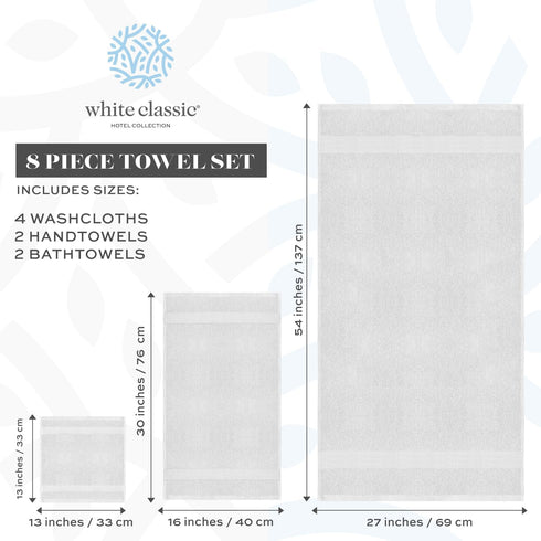 Set 8 100% 2 700GSM, 2 4 White Classic Luxury Bath Towel of Pieces - Turkish Cotton Highly Absorbent Towels