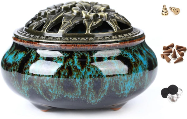 Ceramic Incense Burner with Stick Holder + Insulation for Stick or Coil Incense, Sage Cones, Frankincense (Fambe Blue)