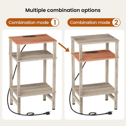 3 Asgolion Tier End Table with Storage and Fast Charging Station, Tall Narrow Nightstand with Type C and USB Port