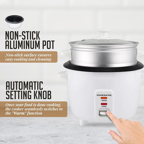 OVENTE Electric Rice Cooker, 10 cups Cooked (5 cups Uncooked), White, with Food Steamer Basket & Automatic Keep Warm