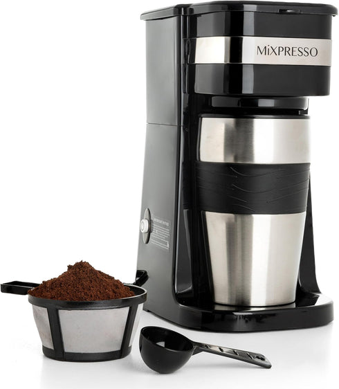 Mixpresso Personal Single Serve Coffee Maker & 14oz Travel Mug, Drip Small Coffee Maker with Auto Shut Off & Reusable