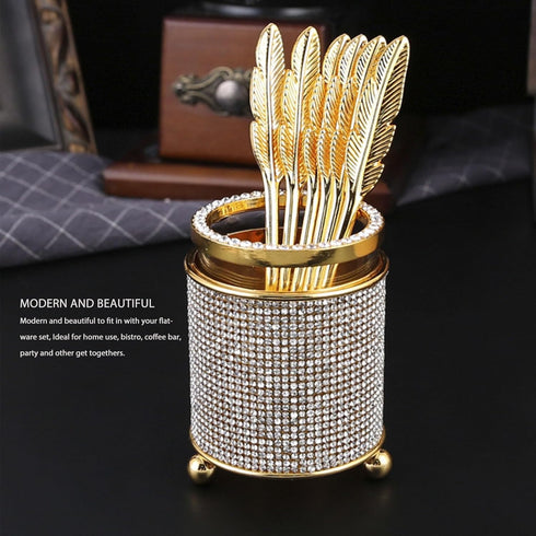 6Pcs Mini Tea Spoons Set, Gold Dessert Spoons with Holder, Zinc Alloy Small Delicate Spoons for Mixing, Ice Cream, Cake