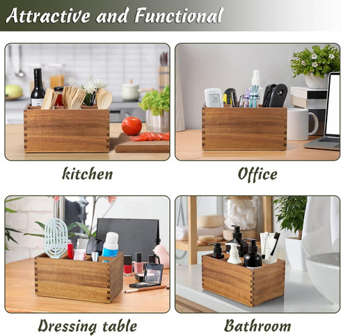 Utensil Caddy - Acacia Wood Silverware Holder, Silverware Organizer for Countertop, Cutlery Storage Containers for