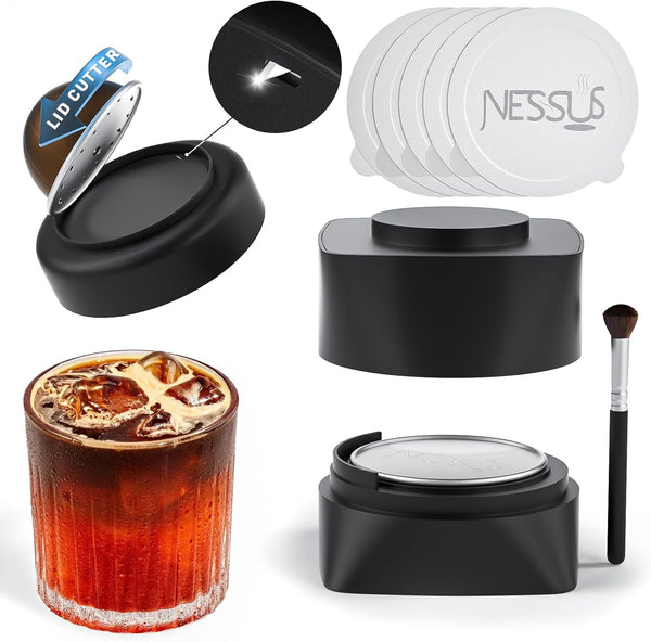 NESSUS Reusable Vertuo Pods Refill Kit, 100PCS Aluminum Foil Lids for Nespresso Vertuo Pods, Easy Remover & Brush