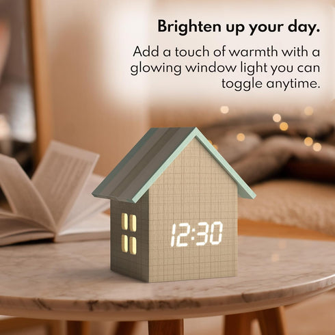 Dimmer Driini Digital House Shaped Alarm Clock with Temperature Display (Stripe Wood) Modern Aesthetic - Cute Cube