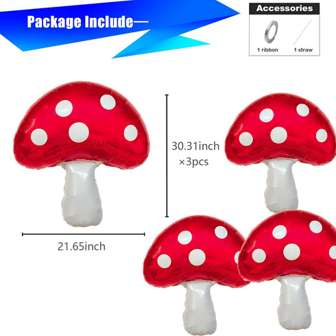 CYMYLAR 3PCS 31'' Mushroom foil balloons. Mushroom decor- Alice in Wonderland theme party decoration, Mushroom birthday
