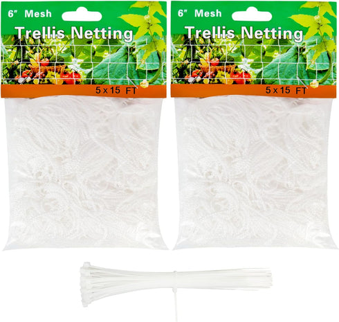 YHmall 2 Pack 5x15 Ft Heavy Duty Trellis Netting for Climbing Plants with 50 Pcs Garden Ties, Outdoor Grow Net