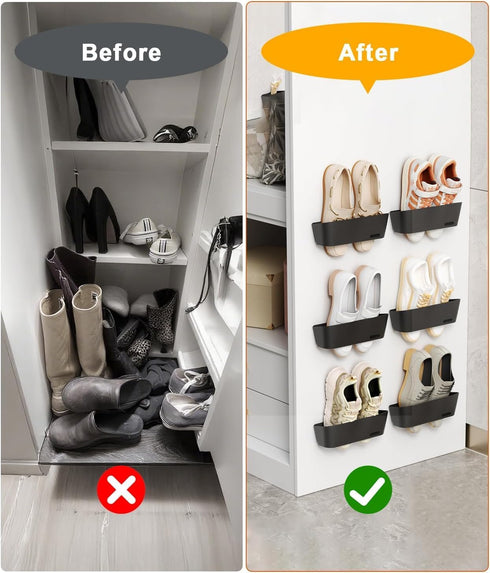 DegMongee 6-Pack Closet, Wall Mounted Shoe Rack with Sticky Strips, Space Saving Hanging Shoe Rack, No-Drill Hanging