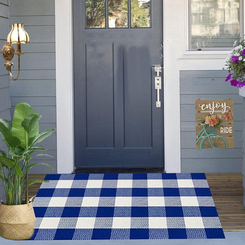 SEEKSEE Cotton Buffalo Plaid Rug, 27.5"x43", Blue and White Checked Washable Doormat for Indoor Outdoor Use