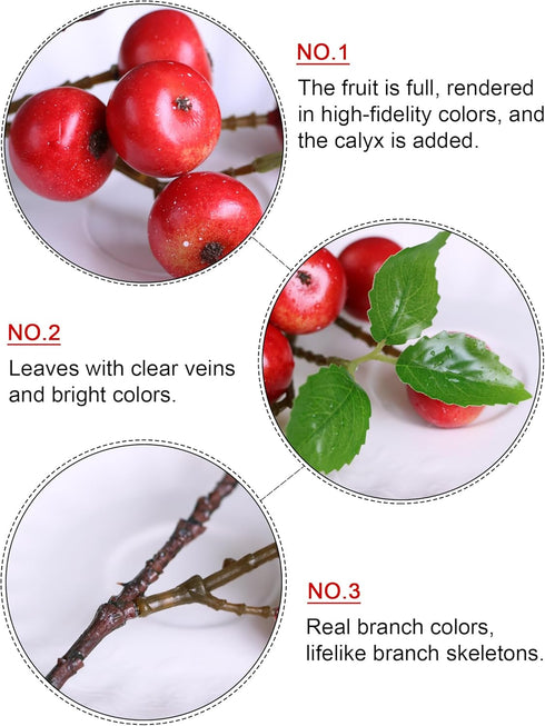 Forlaoers 4Pcs 21.6 Inch Realistic Red Artificial Berry with Stem Fake Berries Faux Fruits for Home Decor Room Table