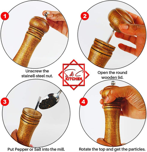 8 Inch Wooden Pepper Mill or Salt Mill with Cleaning Brush - Adjustable Ceramic Rotor, Refillable Oak Wood Grinder for