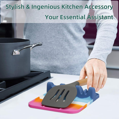Silicone Spoon Rest, Kitchen Utensil Holder with Drip Pad, 3-Groove Upgraded Utensil Rest for Stove Top, Macaron Color