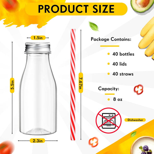 40 Sets 40 40 (Silver,8 oz) Irenare Plastic Small Milk Bottles with Straws and Metal Lids Clear Plastic Bottle