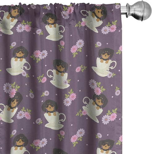 Ambesonne Tea Party Window Curtains, Dachshund Dogs in Cups and Wildflowers Graphic, 2-Panel Set, 28" x 95"
