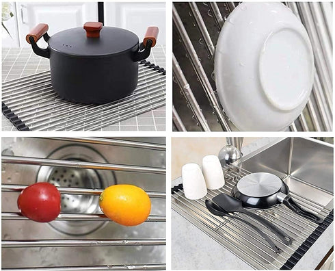 Over The Sink Stainless Steel Roll Up Dish Rack, Roll Out Dish Drying Rack for Kitchen Dishes, Cups