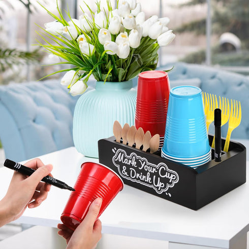 Double Party Cup Holder with Marker Slot - Wooden Drink Cup Dispenser for Wedding, Party, Kitchen, Bar, Housewarming