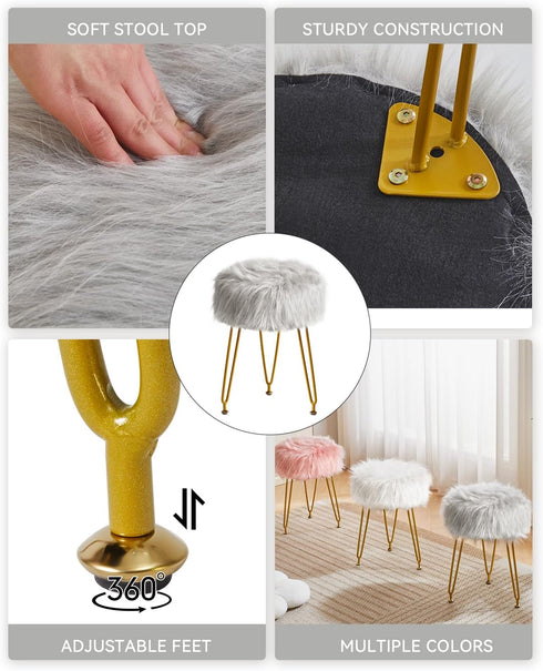 4 LG-32G IBUYKE Faux Fur Vanity Stool Chair, Furry Makeup Stool Ottoman, Soft Padded Seat, Round Footrest Footstools