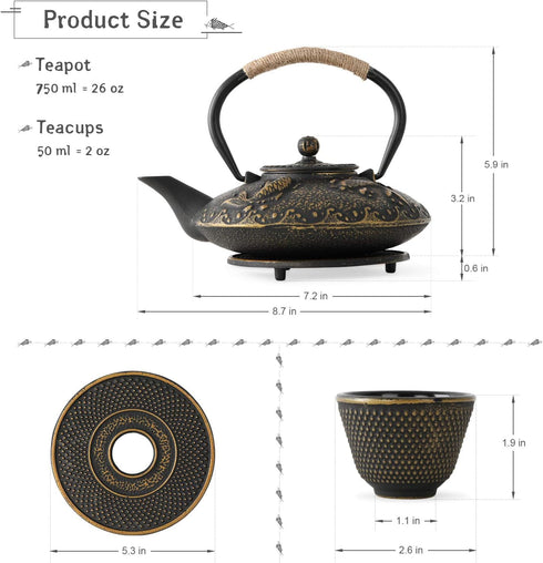 Set 4 Set, 26 oz Ufine Koi Fish Cast Iron Teapot Stove Top Tea Kettle with Cups Japanese Style Tetsubin Tea Gift