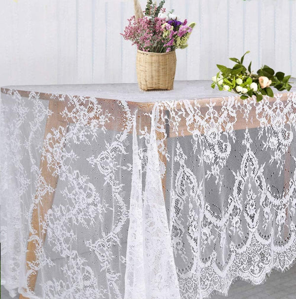 White Lace Tablecloth 60 × 120 Inch, Rustic Boho Wedding Bridal Shower Party Decoration, Vintage Embroidered