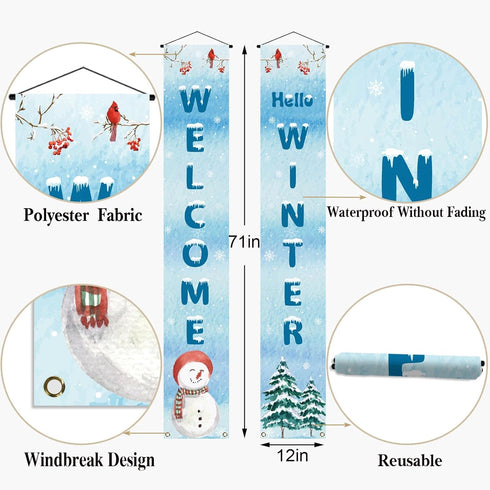Welcome Hello Winter Porch Banner, Snowman Cardinal Christmas Holiday Front Door Sign Decoration