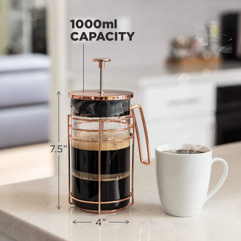 French Press and Tea Maker, 1000ml Coffee Maker Press, Premium with Rose Gold Finish, Thick Glass