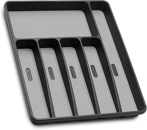 Silverware Organizer Plastic Tray for Kitchen Drawer, 6 Compartment Utensil Organizer in Black