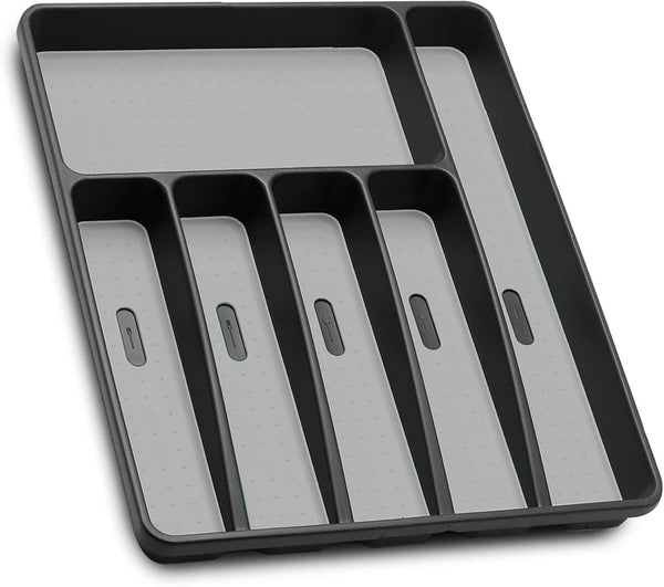 Silverware Organizer Plastic Tray for Kitchen Drawer, 6 Compartment Utensil Organizer in Black