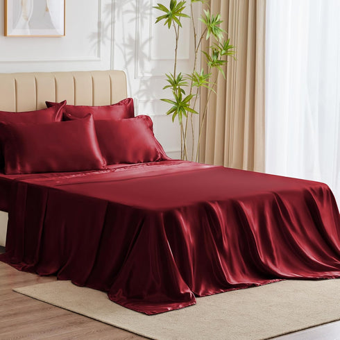 CozyLux Satin Sheets Queen Size - 6 Piece Burgundy Bed Sheet Set with Silky Microfiber and Deep Pocket Fitted Sheet