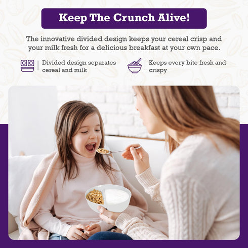 Just Crunch Anti-Soggy Cereal Bowl, 2 Pack - Keeps Cereal Fresh & Crunchy, BPA Free, Microwave Safe, White