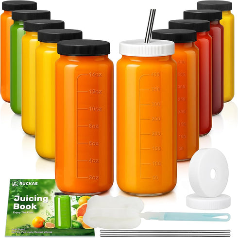 Ruckae 16oz 10 Pack Juice Bottles, Glass Bottles with Lids, Smoothie Cup