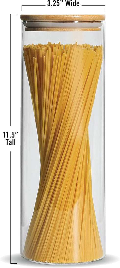 Cestari Glass Pasta Storage Jars: Airtight Spaghetti Container with Bamboo Lid, Kitchen Canister for Snacks, Macaroni,