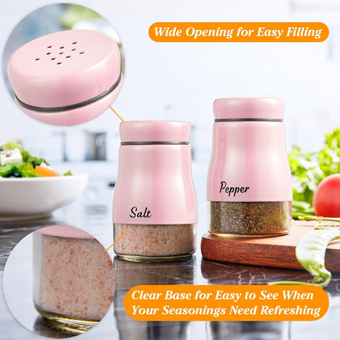 Bivvclaz 5 oz Stainless Steel Pink Salt and Pepper Shakers Set with Glass Bottom, Cute Kitchen Decor and Accessories,